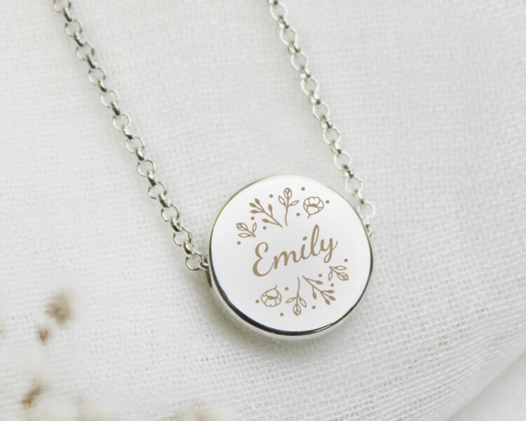 Personalised Silver Tone Wild Flowers Disc Necklace