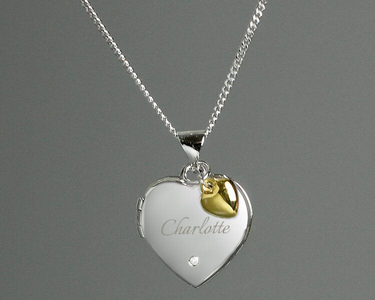 Personalised Sterling Silver Heart Locket Necklace with Diamond and 9ct Gold Charm